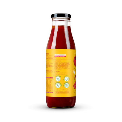 Truemato Ketchup back of pack showing the full ingredient percentage list and allergen note