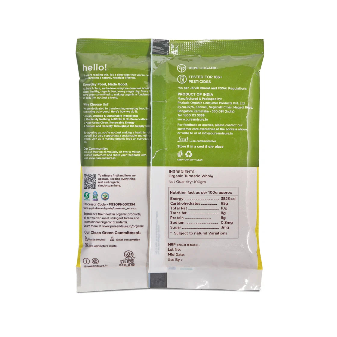 Back of the Pure & Sure organic turmeric pack showing the ingredient list and nutrition table