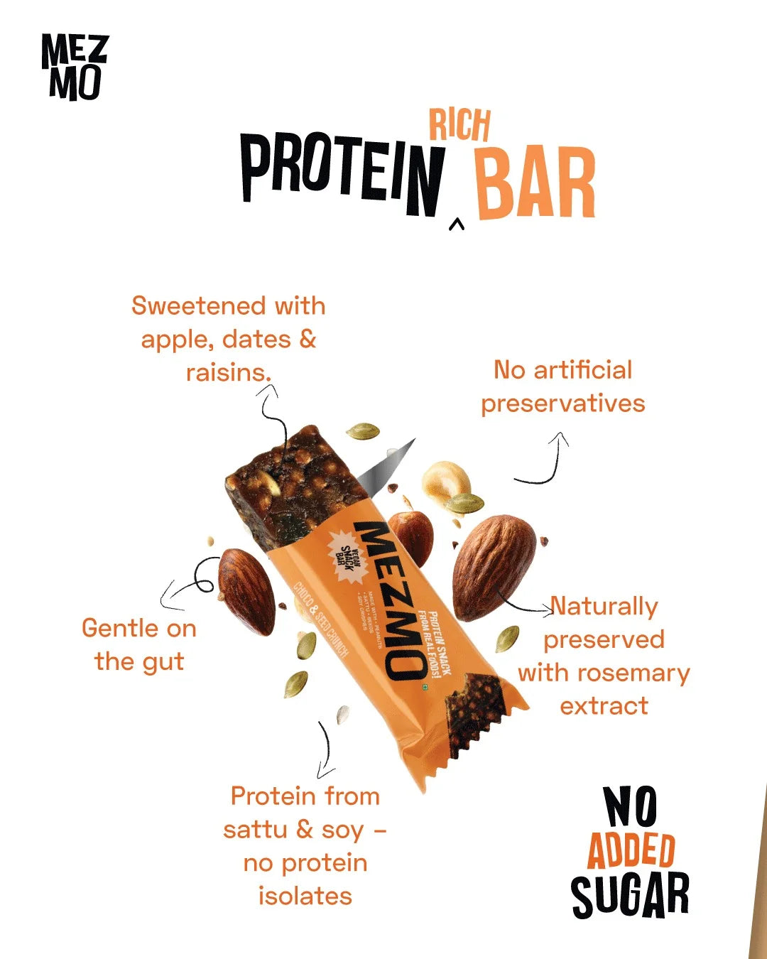 Back of the Mezmo protein bar pack showing the nutrition information panel, on a white background