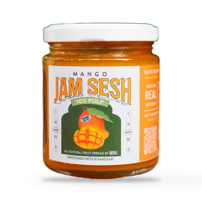 Beku Alphonso Mango Jam Sesh fruit spread jar, front of pack, on a plain white studio background