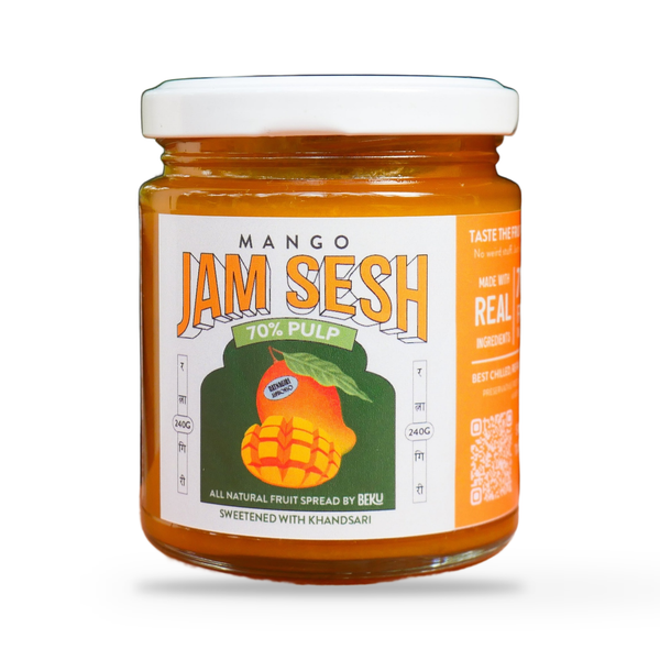 Beku Alphonso Mango Jam Sesh fruit spread jar, front of pack, on a plain white studio background
