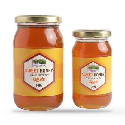 Kotagiri Sweet Honey 500g and 250g glass jars on a plain white studio background
