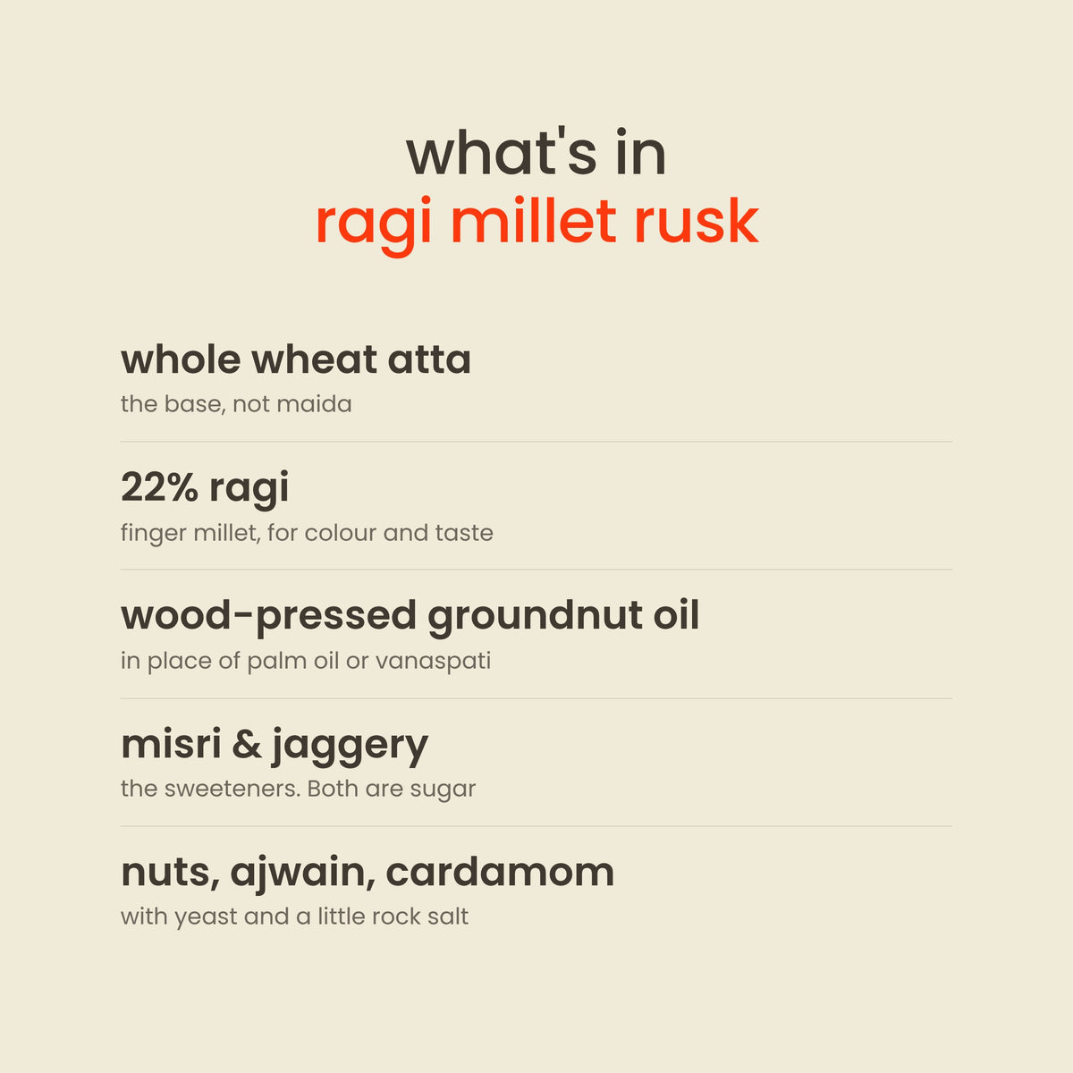 What is in Early Foods Ragi Millet Rusk: whole wheat atta, 22% ragi, wood-pressed groundnut oil, misri & jaggery, nuts, ajwain, cardamom