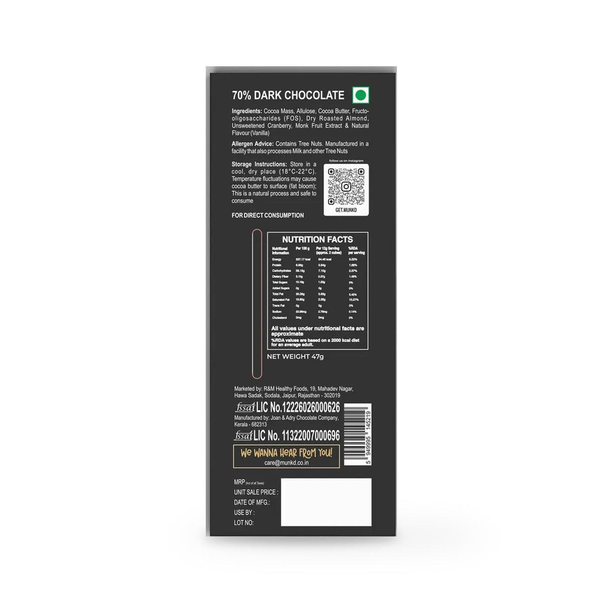 Munk'd 70% Dark Chocolate Bar, Almond and Cranberry, 47g pack back with ingredients
