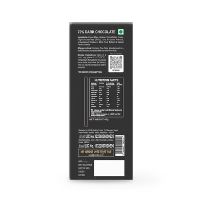 Munk'd 70% Dark Chocolate Bar, Almond and Cranberry, 47g pack back with ingredients
