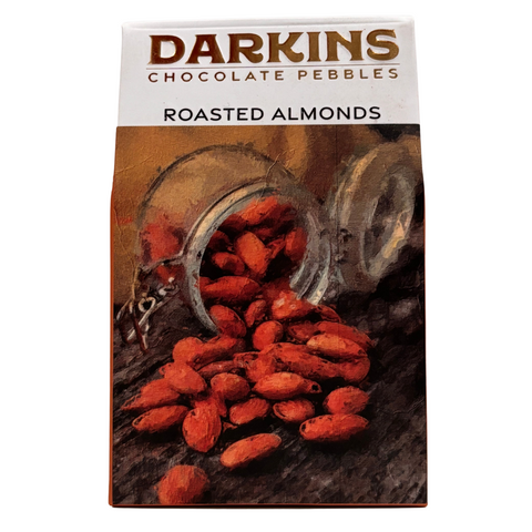 Front of the Darkins Roasted Almond Chocolate Pebbles carton, 50g