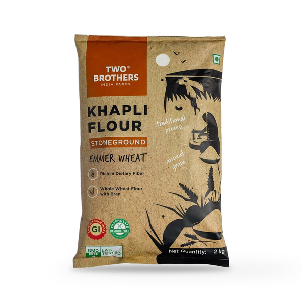 Two Brothers Khapli Wheat Atta stoneground 2kg pack, front of pack, on a plain white background