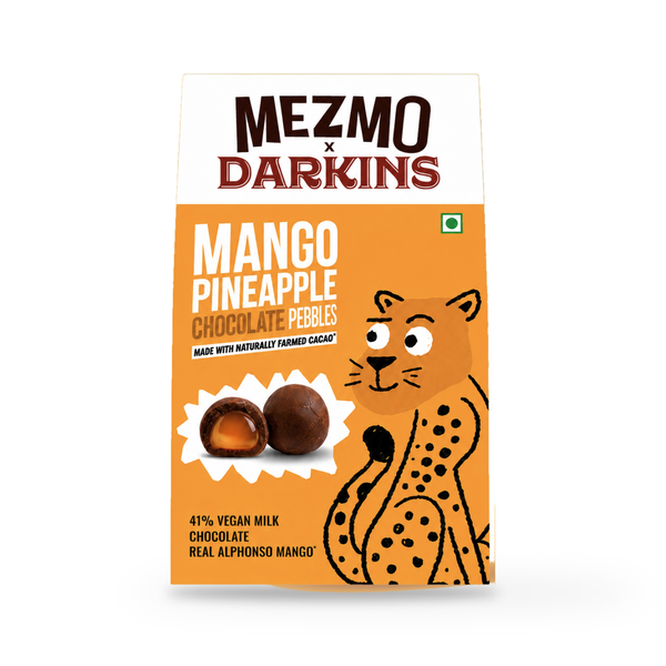 Mezmo x Darkins Mango Pineapple Chocolate Pebbles 40g box, front of pack