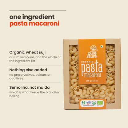What is in Pasta Macaroni: organic wheat suji semolina, nothing else added, semolina rather than maida