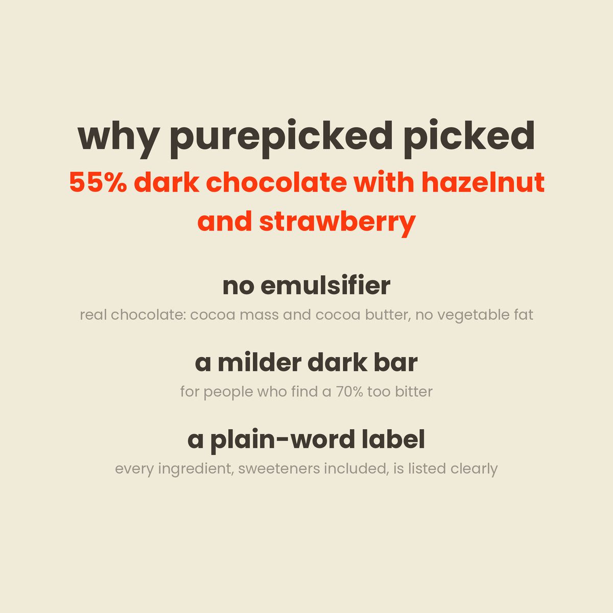 Why purepicked picked Munk'd 55% dark chocolate with hazelnut and strawberry: no emulsifier, a milder dark bar, a plain-word label