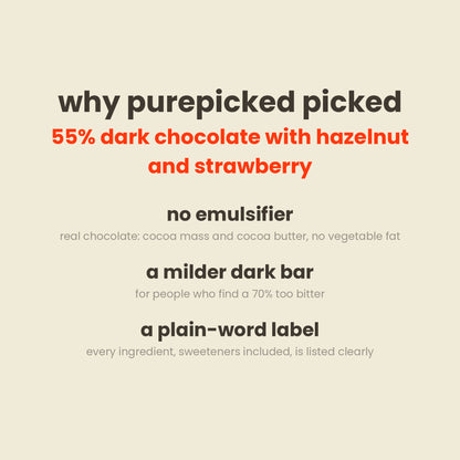 Why purepicked picked Munk'd 55% dark chocolate with hazelnut and strawberry: no emulsifier, a milder dark bar, a plain-word label