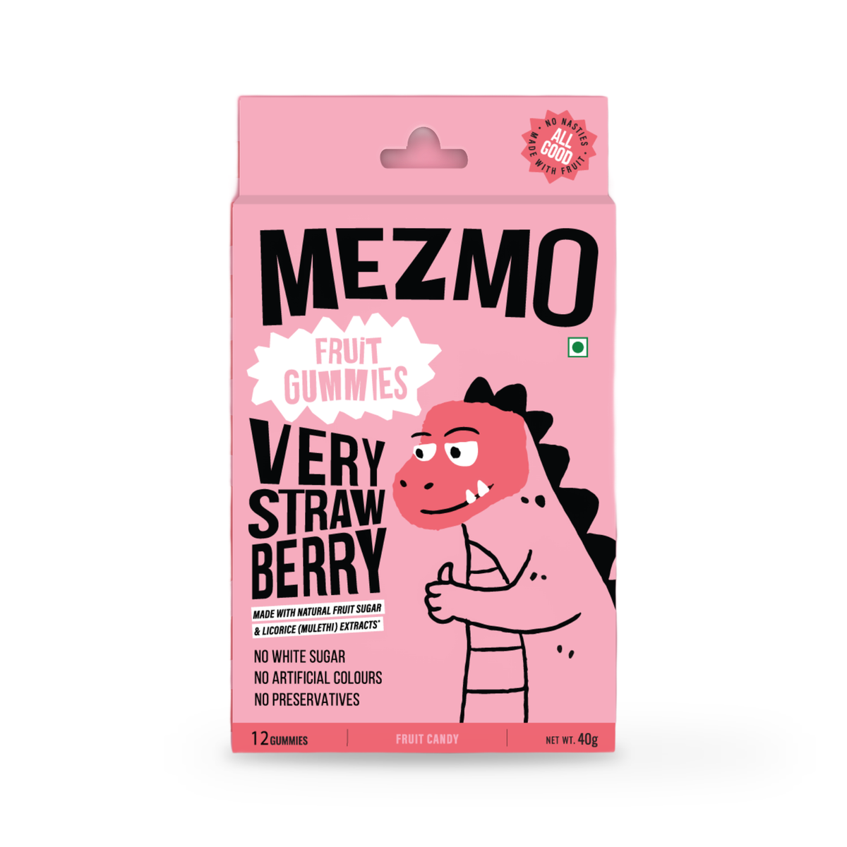 Mezmo Very Strawberry fruit gummies, a pink 40g carton with a dinosaur illustration, on a plain white background