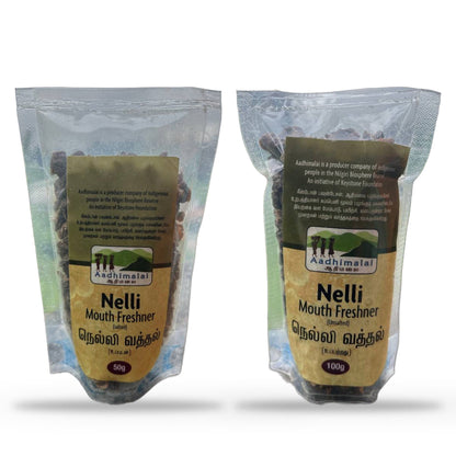 Aadhimalai Nelli Mouth Freshener, salted and unsalted pouches side by side, on a white background