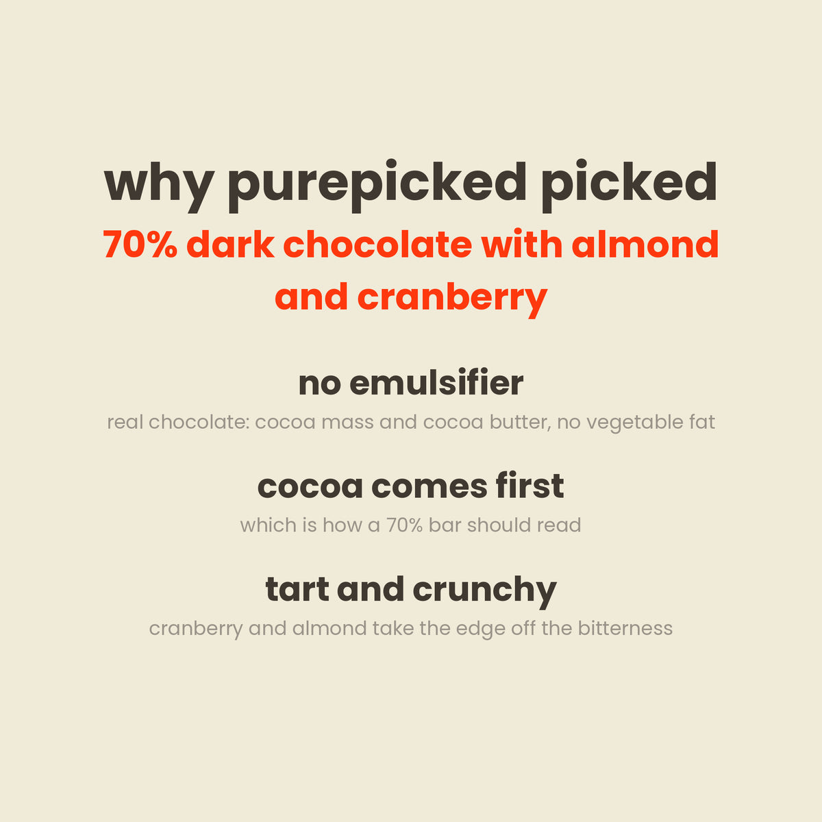 Why purepicked picked Munk'd 70% dark chocolate with almond and cranberry: no emulsifier, cocoa comes first, tart and crunchy
