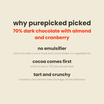 Why purepicked picked Munk'd 70% dark chocolate with almond and cranberry: no emulsifier, cocoa comes first, tart and crunchy