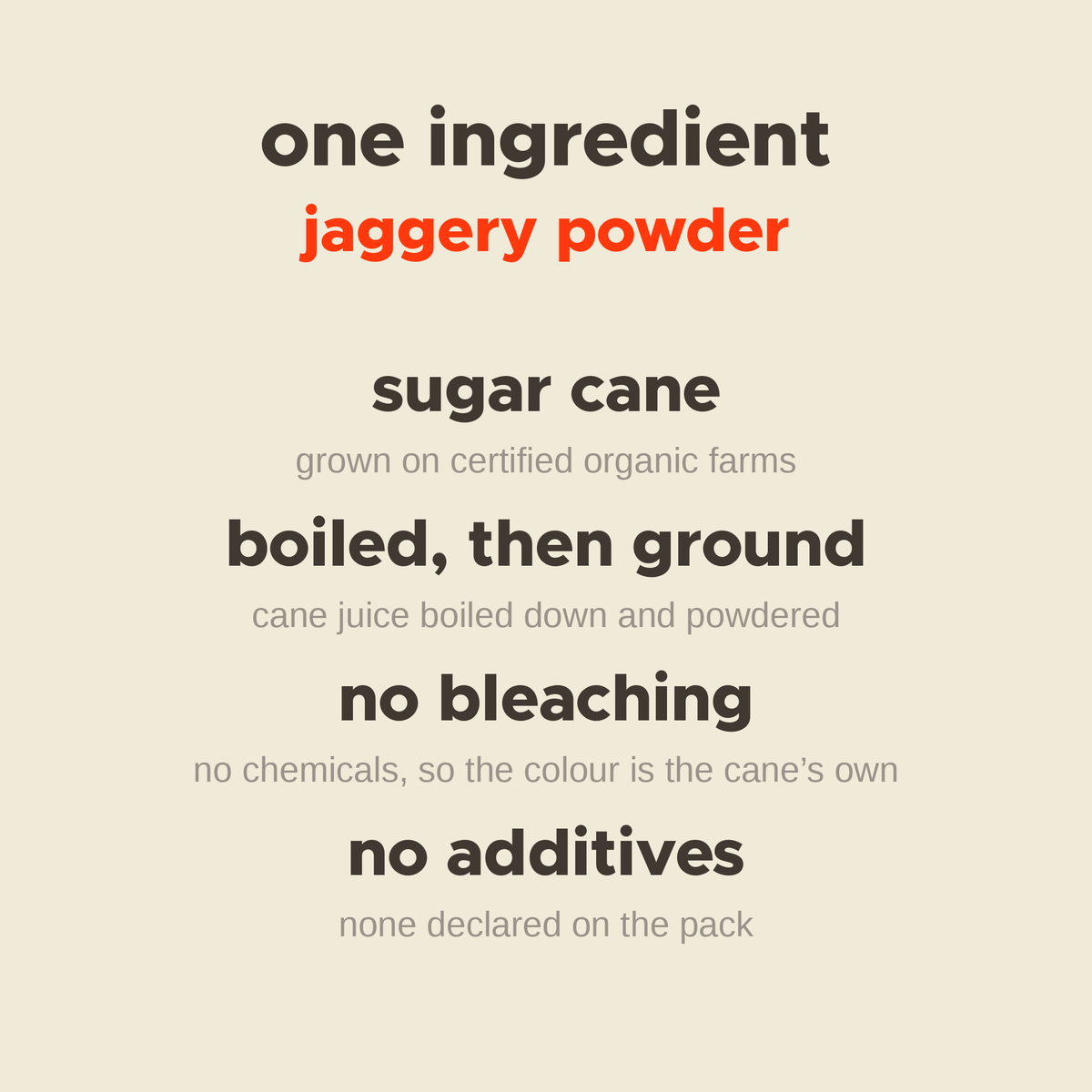 What is in Jaggery Powder: sugar cane, boiled then ground, no bleaching, no additives