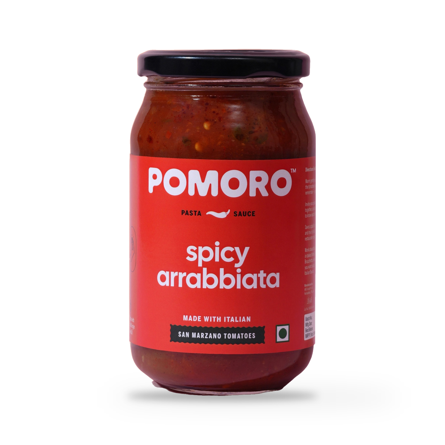 Pomoro Spicy Arrabbiata pasta sauce jar, front of pack shot straight on, on a plain white studio background