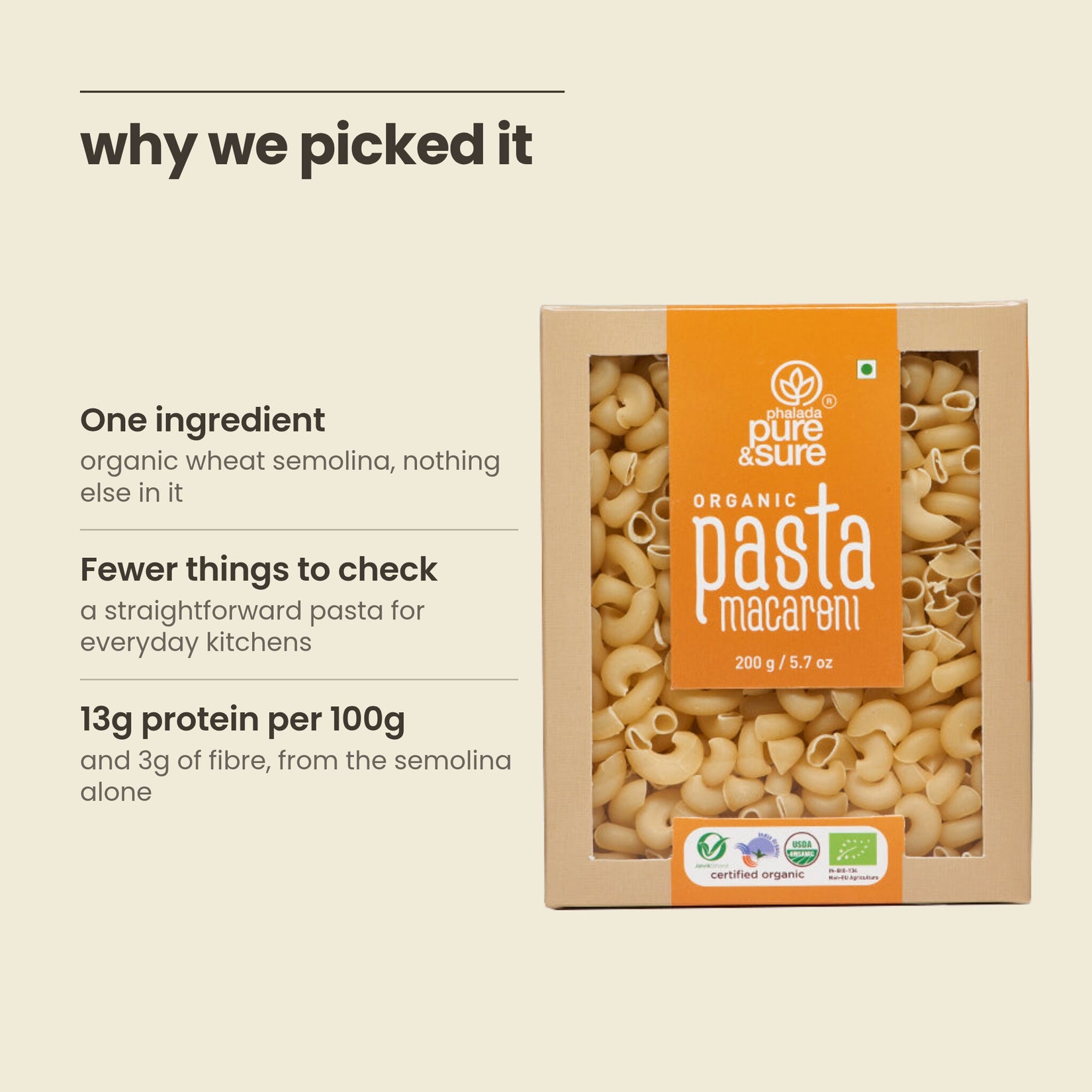 Why Purepicked chose Pasta Macaroni: one ingredient, fewer things to check, 13g protein per 100g
