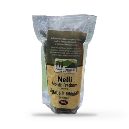 Front of the unsalted Aadhimalai Nelli Mouth Freshener pouch, on a white background