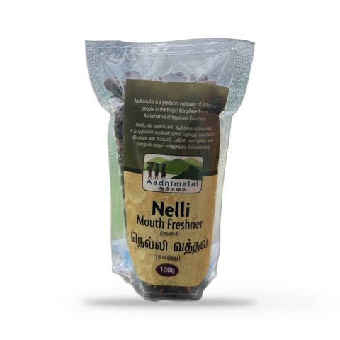Front of the unsalted Aadhimalai Nelli Mouth Freshener pouch, on a white background