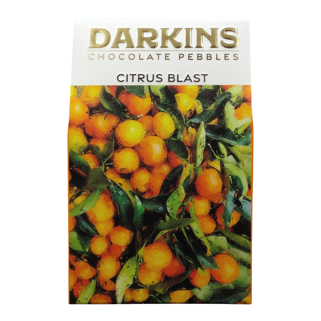 Front of the Darkins Citrus Blast Chocolate Pebbles carton, 50g