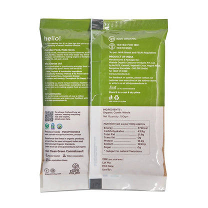 Back of the purepicked organic whole cumin pack showing ingredients and nutrition information