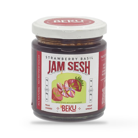Beku Strawberry Basil Jam Sesh fruit spread jar, front of pack, on a plain white studio background