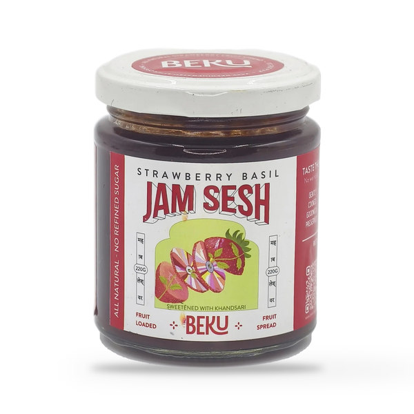 Beku Strawberry Basil Jam Sesh fruit spread jar, front of pack, on a plain white studio background