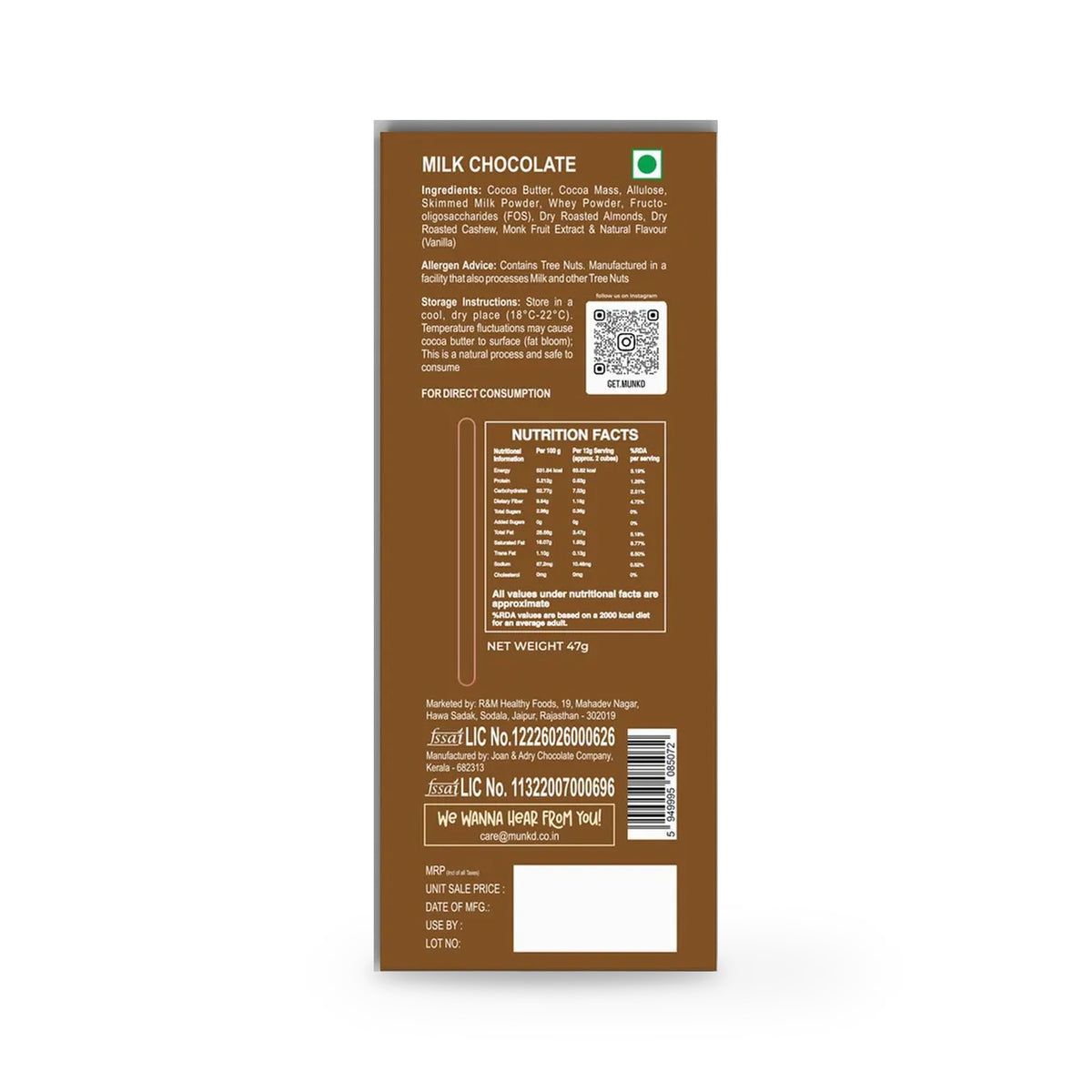 Munk'd Milk Chocolate Bar, Almond and Cashew, 47g pack back with ingredients