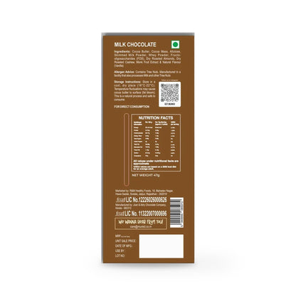 Munk'd Milk Chocolate Bar, Almond and Cashew, 47g pack back with ingredients