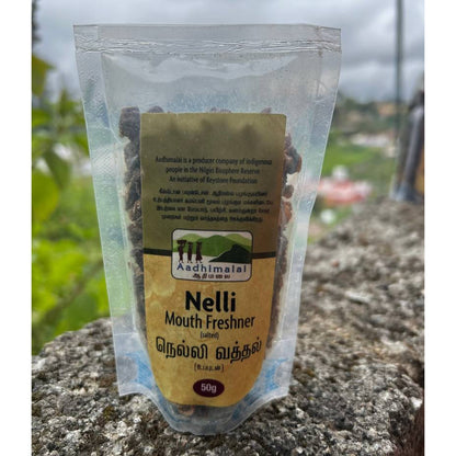 Salted Nelli Mouth Freshener 50g pouch photographed outdoors in the Nilgiris