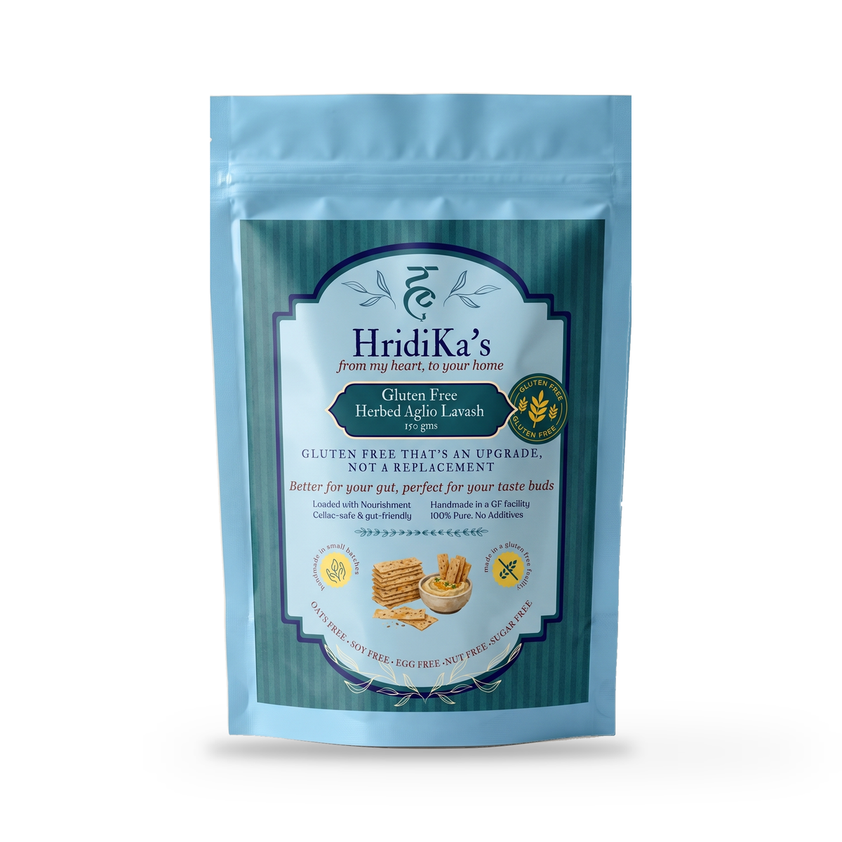 Front of the HridiKa's Gluten Free Herbed Aglio Lavash 150 g pack, a light blue stand-up pouch with a teal label, on a plain white studio background