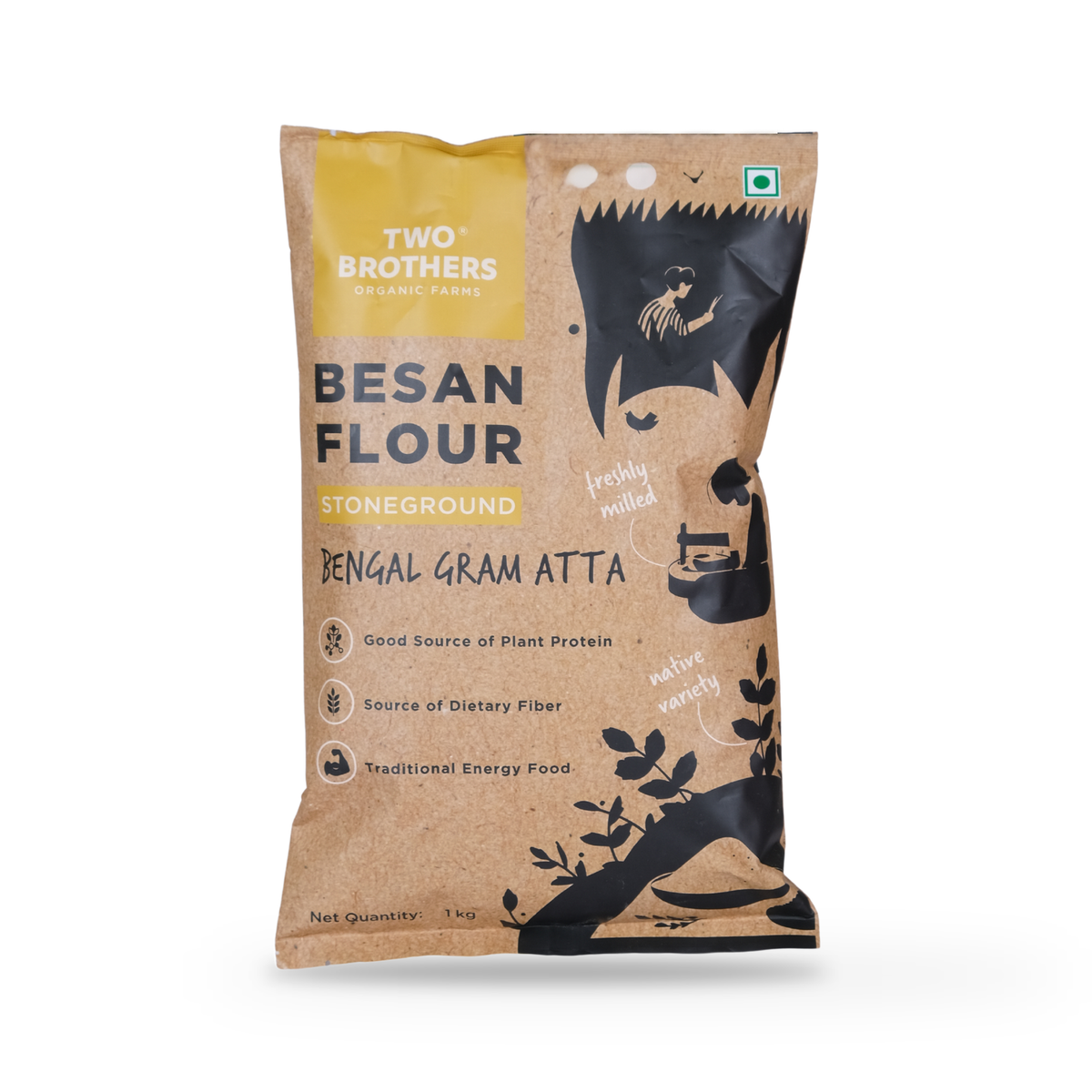 Two Brothers stoneground Besan Flour 1kg pack, front of pack, on a plain white background