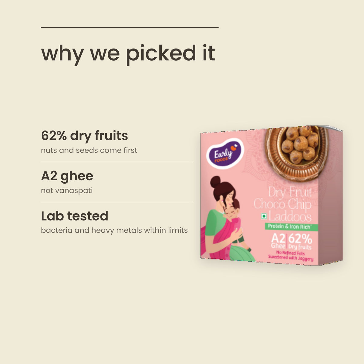 Why Purepicked picked Early Foods Dry Fruit Choco Chip Laddoo: 62% dry fruits, A2 ghee, Lab tested