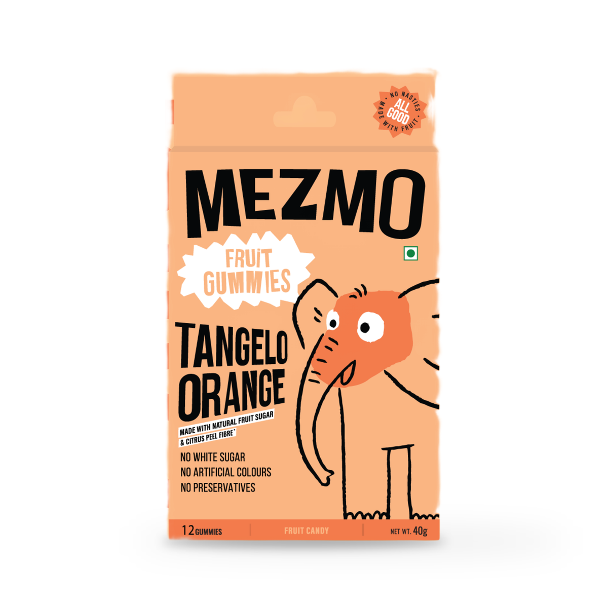 Mezmo Tangelo Orange fruit gummies, a peach 40g carton with an elephant illustration, on a plain white background