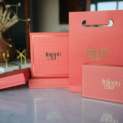 Inippu Indulgence hand-rolled fudge-toffee gift boxes and carry bag, made in small batches in Chennai