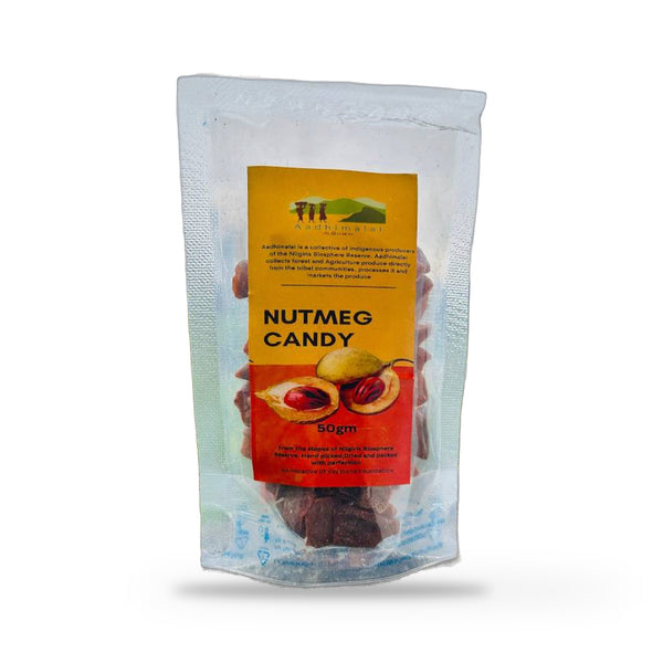 Front of the Aadhimalai Nutmeg Candy 50g pouch, on a white background