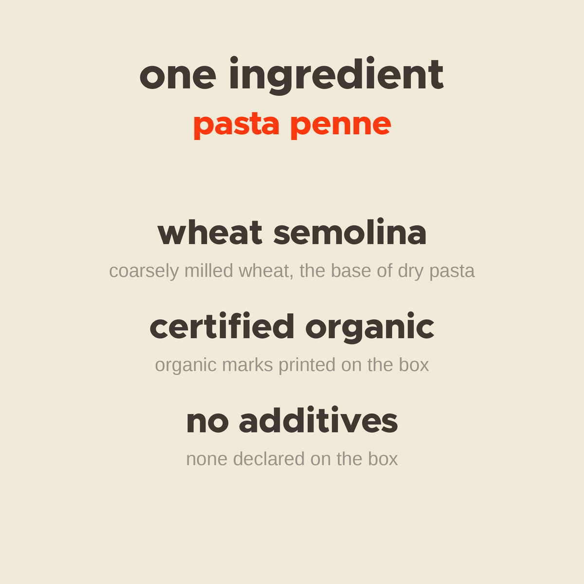 What is in Pasta Penne: wheat semolina, certified organic, no additives