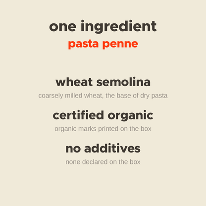 What is in Pasta Penne: wheat semolina, certified organic, no additives