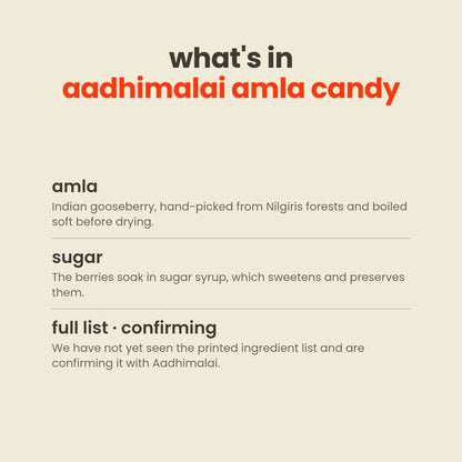 What is in Aadhimalai Amla Candy: amla and sugar, with the full printed list still being confirmed