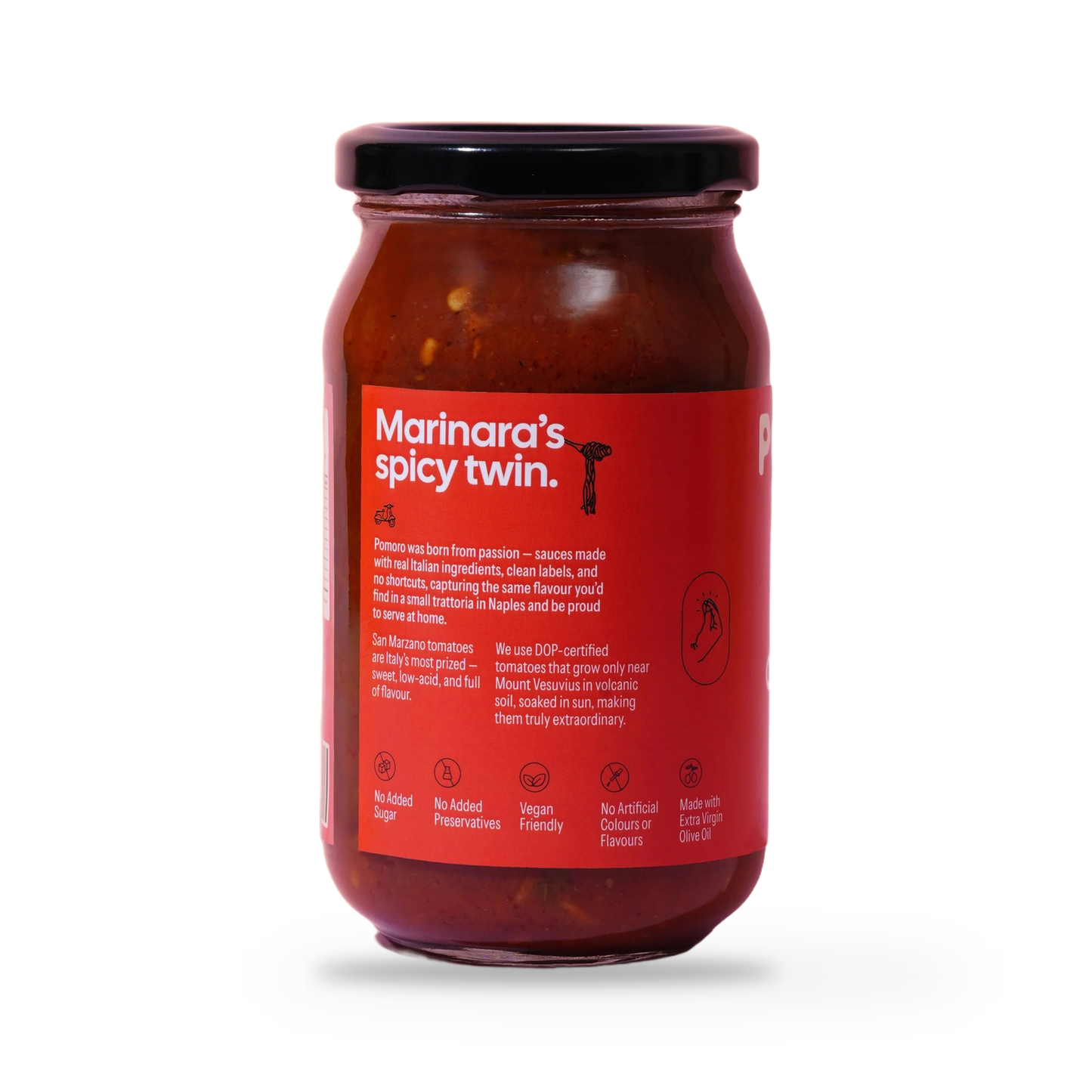 Pomoro Spicy Arrabbiata pasta sauce jar, back label with ingredients and claims, on a plain white studio background