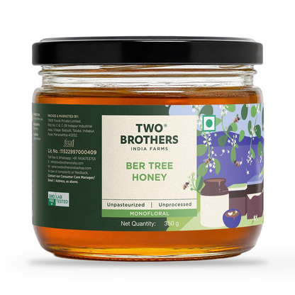 Two Brothers Ber Tree Honey 350g jar, front of pack, on a plain white background