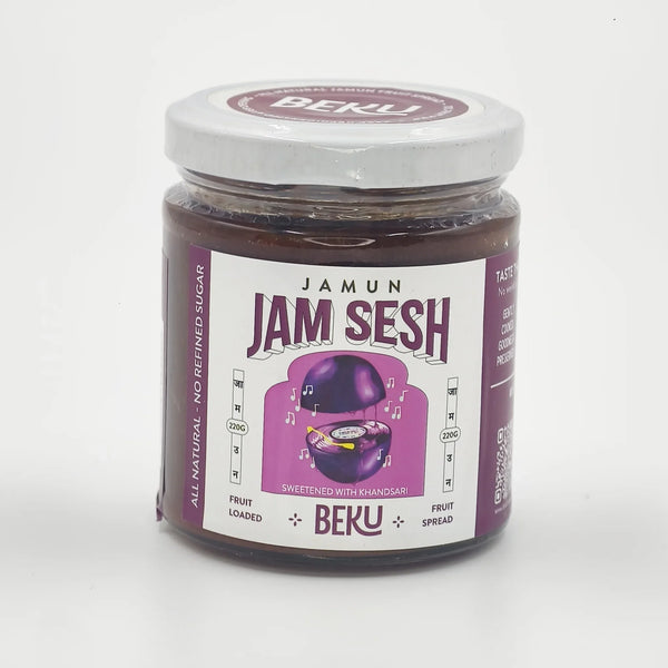 Beku Jamun Jam Sesh fruit spread jar, front of pack, on a plain white studio background