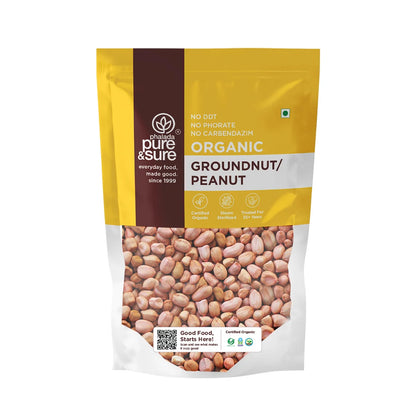 Front of the purepicked Pure & Sure organic raw peanuts pack, skin-on and unsalted