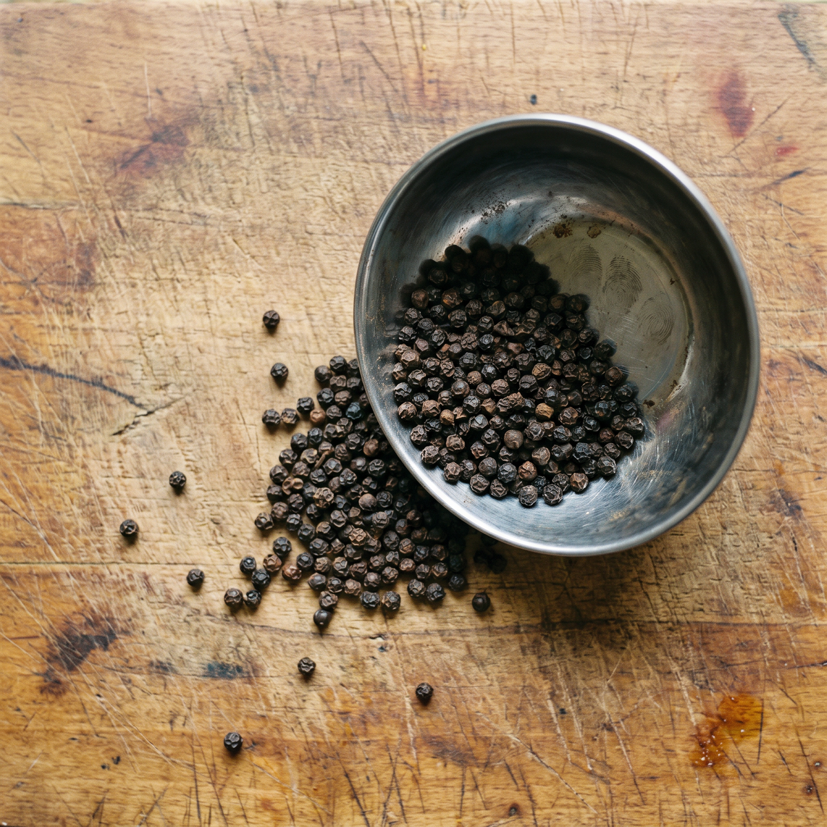 Peppercorns in a steel katori