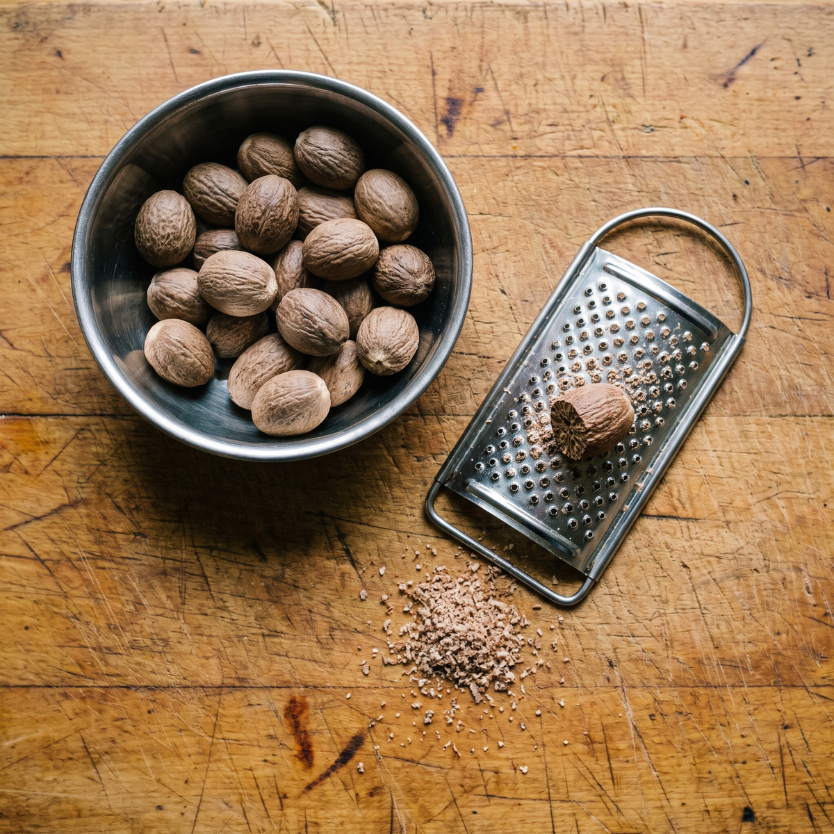 Nutmeg in a steel katori with a grater