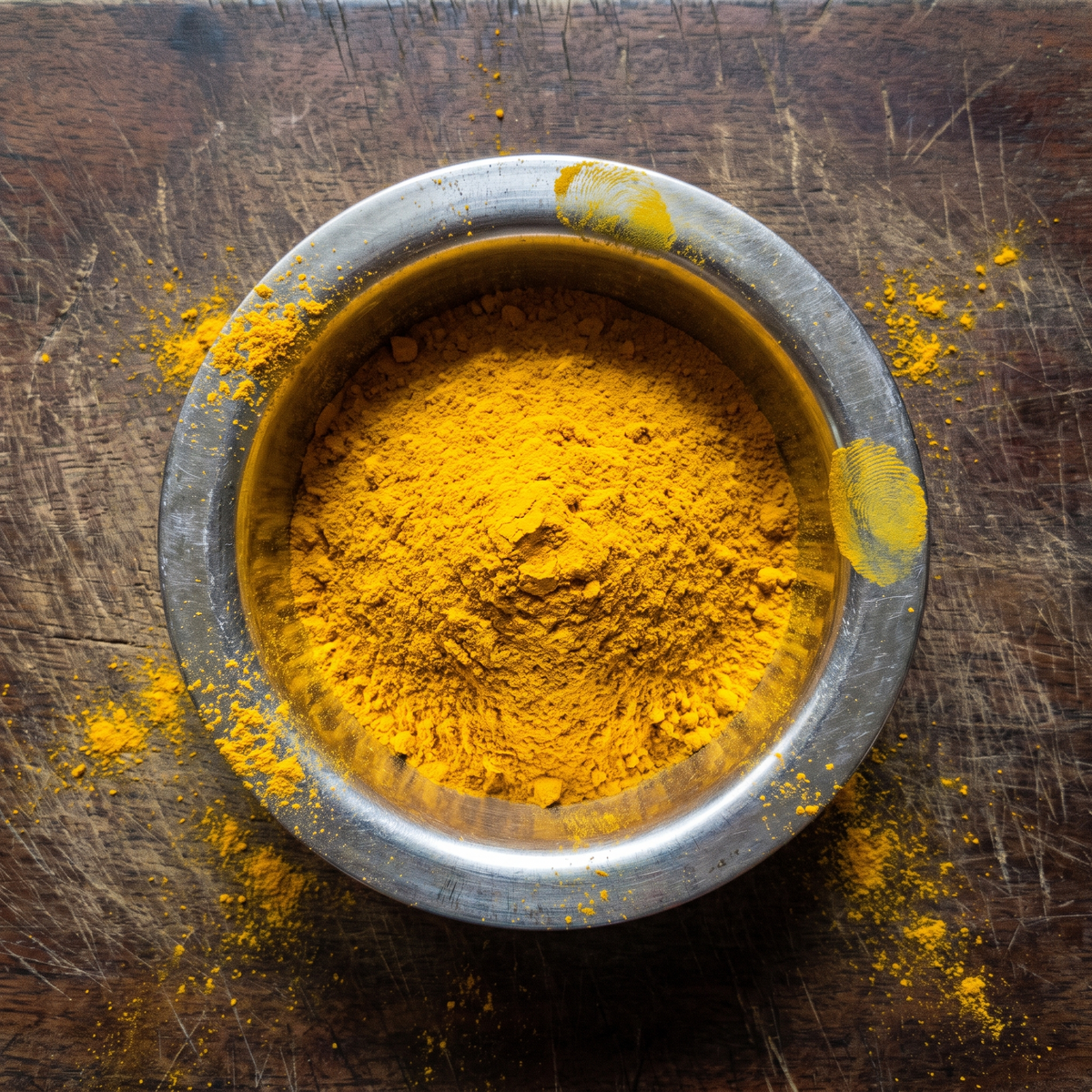 Turmeric powder in a steel katori