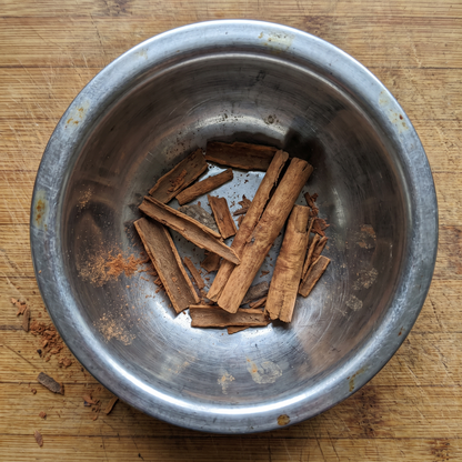 Cinnamon bark in a steel katori