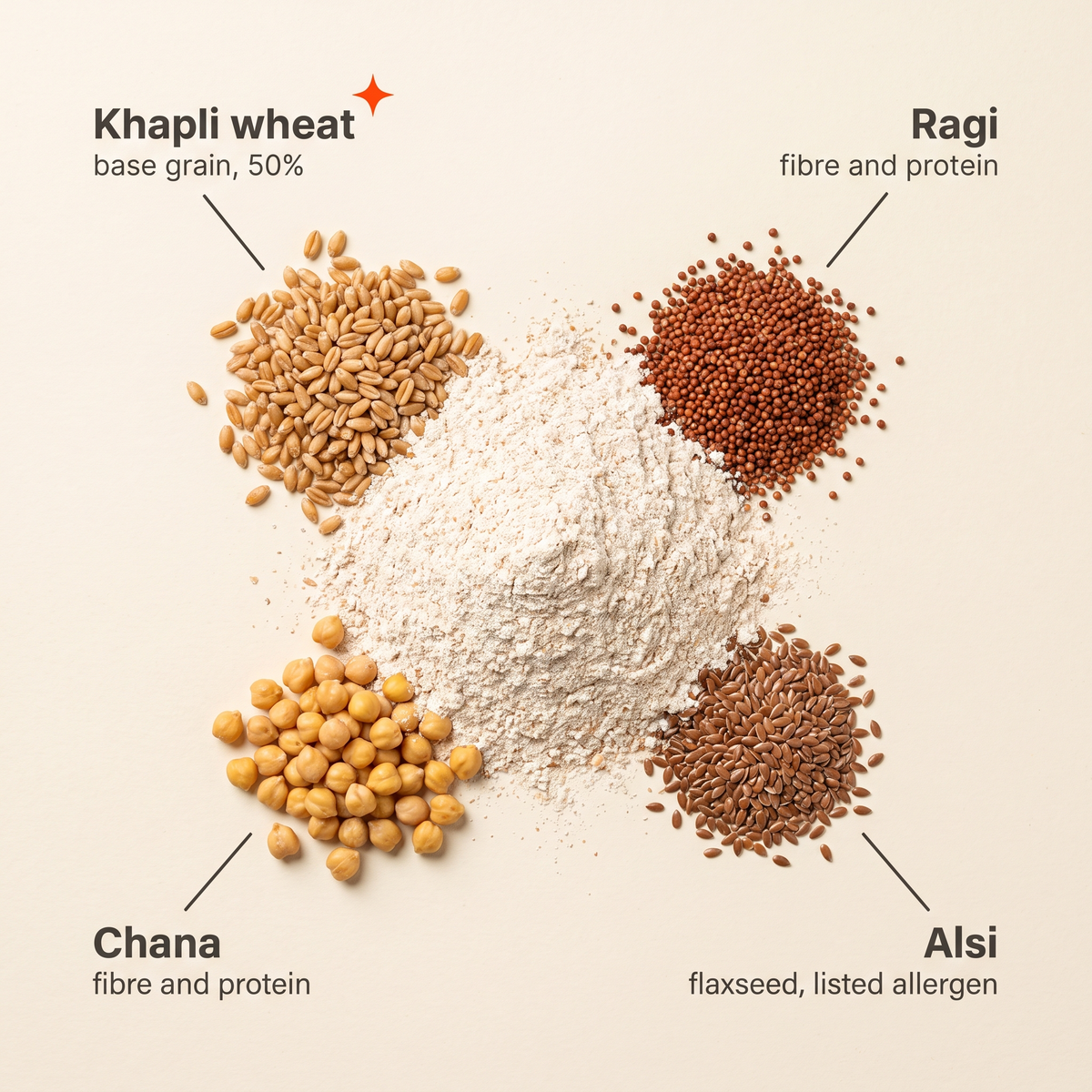 The grains in Khapli Multigrain Atta: Khapli wheat, ragi, chana and alsi