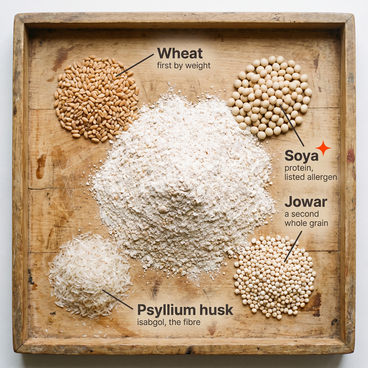 What is in the multigrain atta: wheat, soya, jowar and psyllium husk